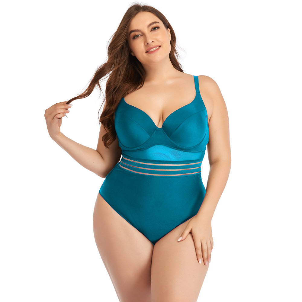 Large Size Swimsuit Women's One-Piece Plus Fat Mesh Hard Cup Plain Color Swimsuit