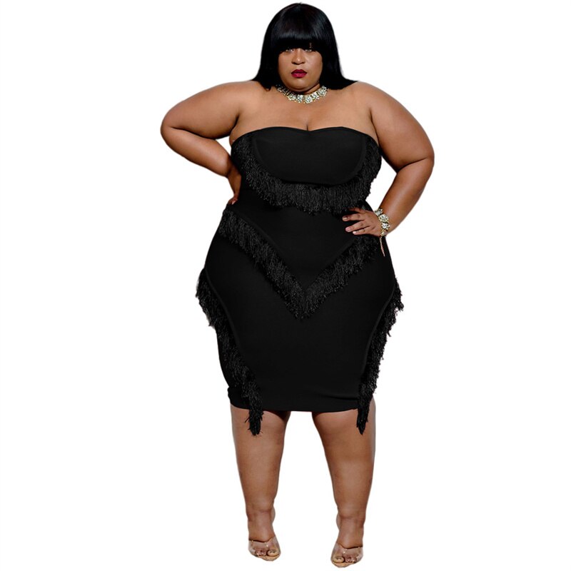 Plus Size Women's Dress Summer Black Tube Top Fringed Strapless Sexy Dress