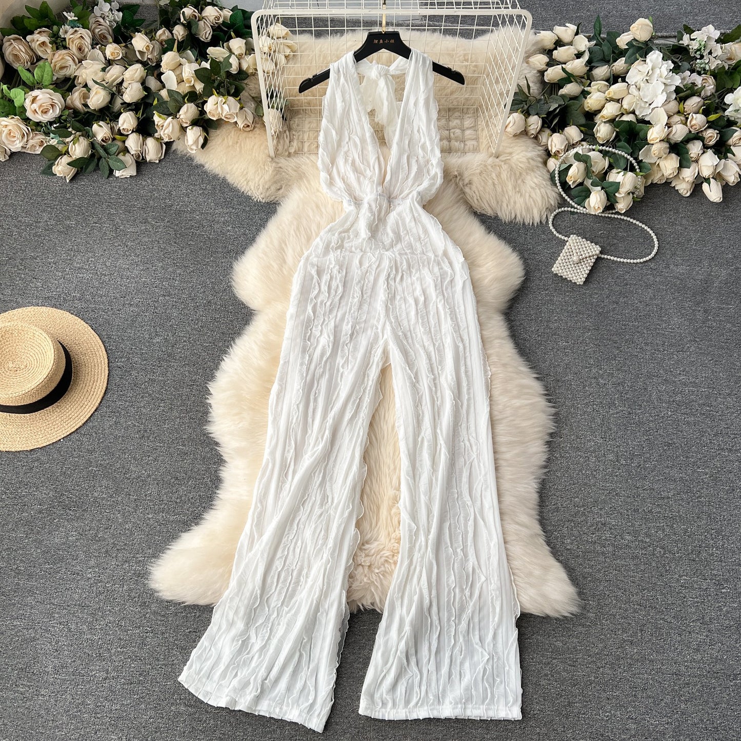 V-neck hanging neck open back jumpsuit high waisted casual vacation pants