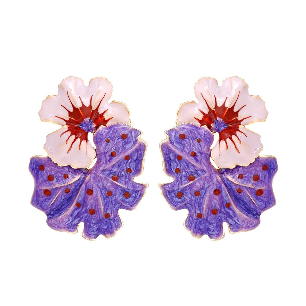 Light Luxury Storm Drops Oil Leaves Flowers Exaggerate Enamel Flower Leaves Earrings