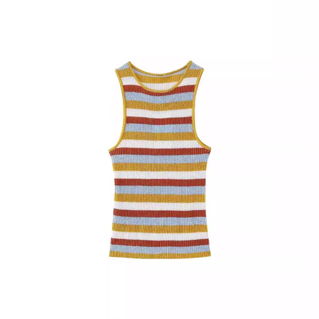 Sexy sleeveless striped knitted vest for women's outer wear plus European and American style slim long skirt