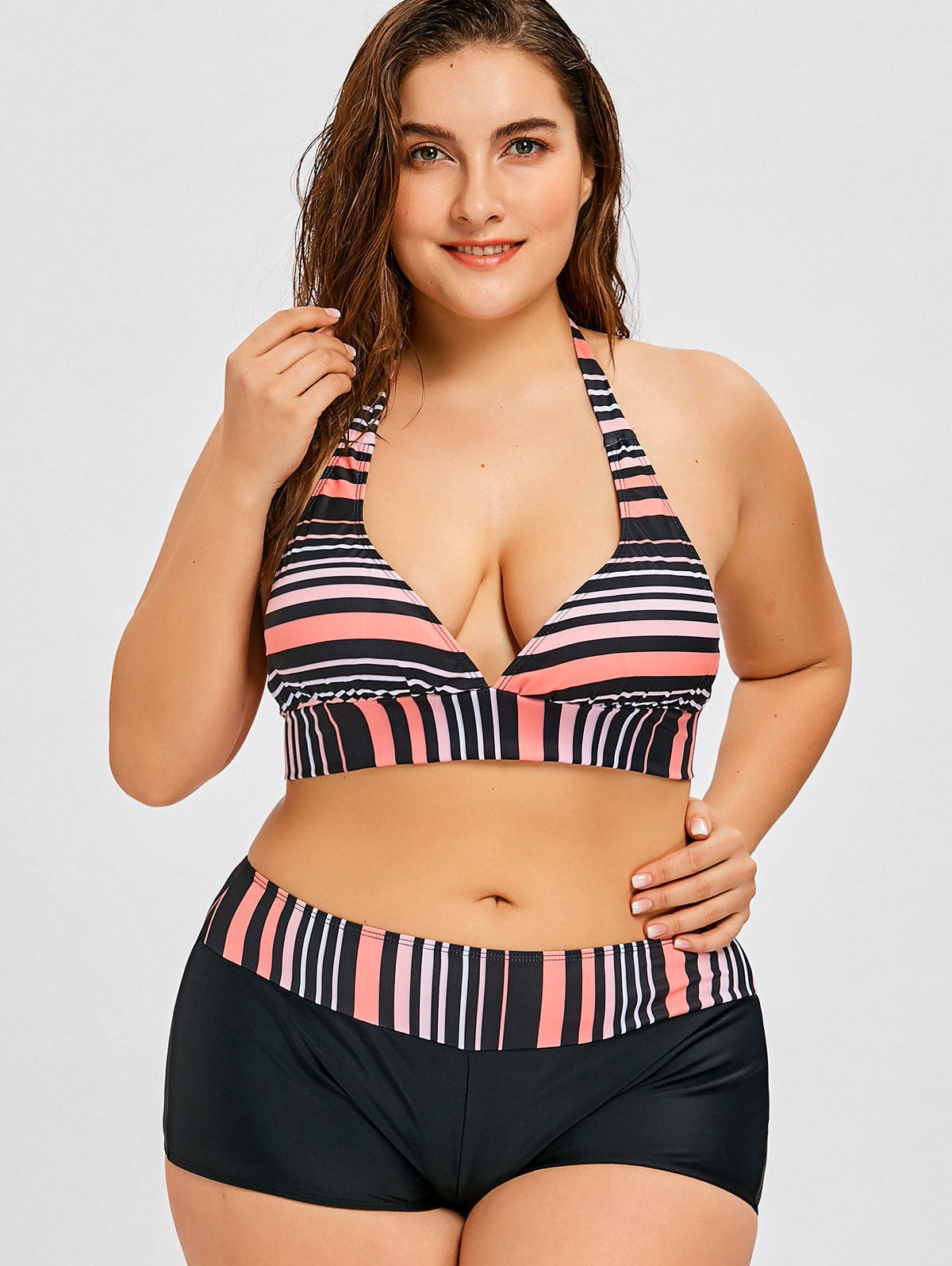 Striped Plus Size Plunge Boyshort Bikini