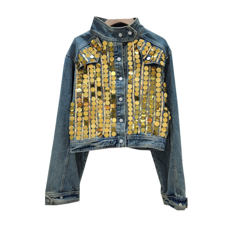 Spliced denim jacket for women's loose and slim standing collar jacket top