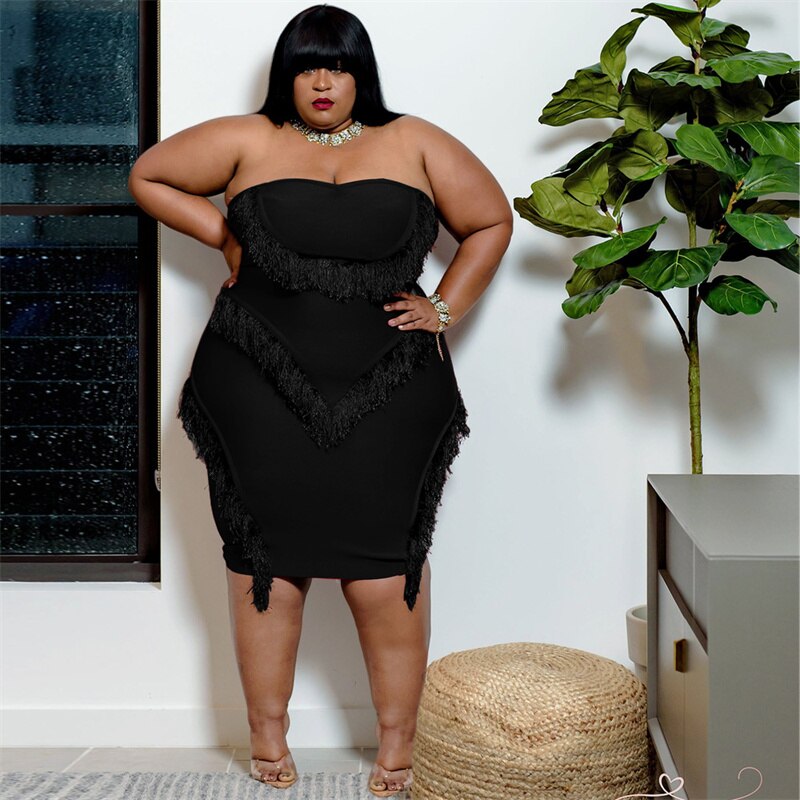 Plus Size Women's Dress Summer Black Tube Top Fringed Strapless Sexy Dress