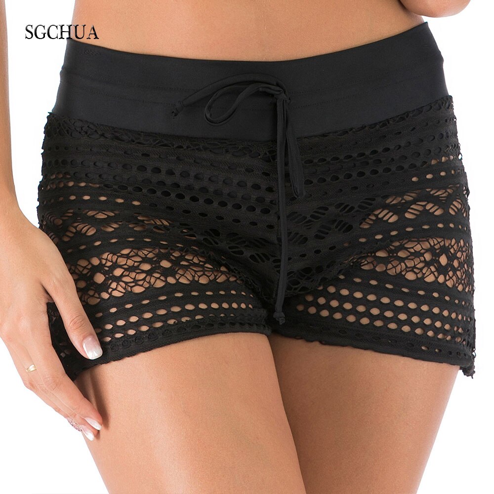 SGCHUA Sexy Black Mesh women's swimming trunks Plus Size  Blue Lace swimsuit bottom Fat Swim shorts Boxer Briefs New Panties