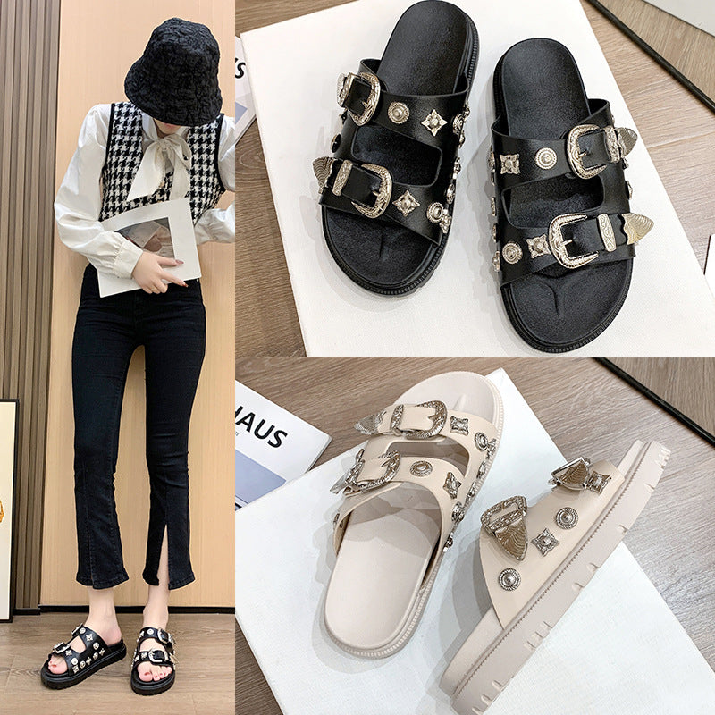 Black Real Leather Rivet Buckle Designer Flat Slippers Woman Round Toe Thick Sole Beach Sandal Summer Casual Fashion Mules Shoes