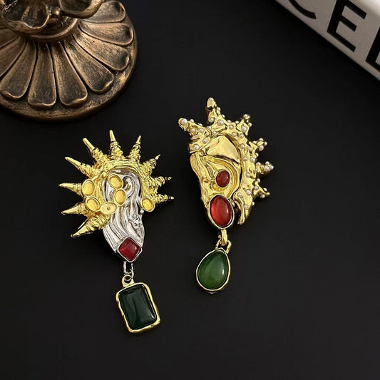 Gold glazed earrings for female niche, exaggerated personality, fashionable asymmetry, AB earrings