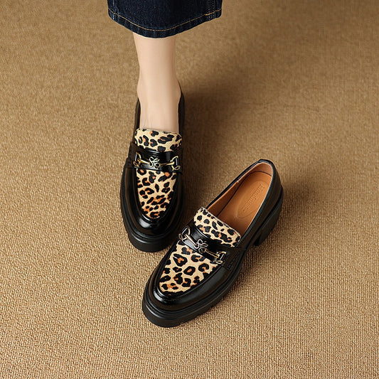 Thick-soled platform shoes for women, genuine leather, leopard print, lazy slip-ons, fisherman's loafers