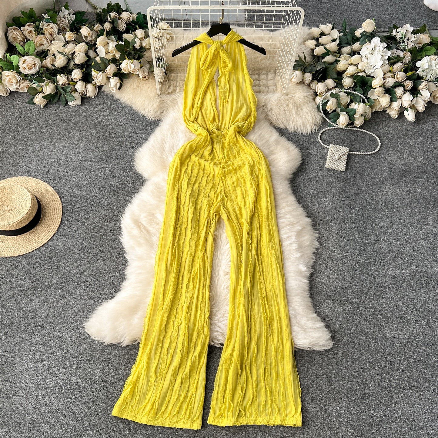 V-neck hanging neck open back jumpsuit high waisted casual vacation pants