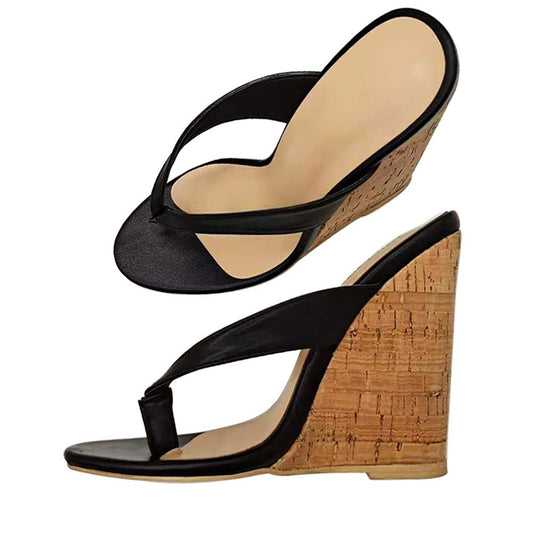 European and American Womens Oversized Wedged Sloping Heel Sandals With Wooden Grain Wrap Heels And Round Toe High Heels