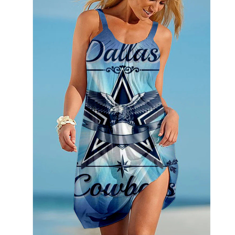 2021 European And American Cross-border Urban Women&#039;s Casual Sexy 3D Digital Printing NFL Mid-waist Suspender Dress