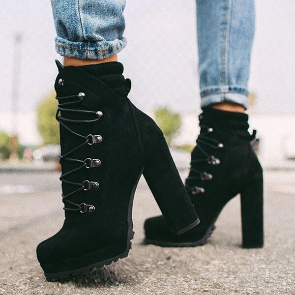 Cross-border Foreign Trade Large Size 2022 Autumn And Winter Waterproof Platform High-heeled Lace-up Rivet Short Boots European And American Suede Martin Boots