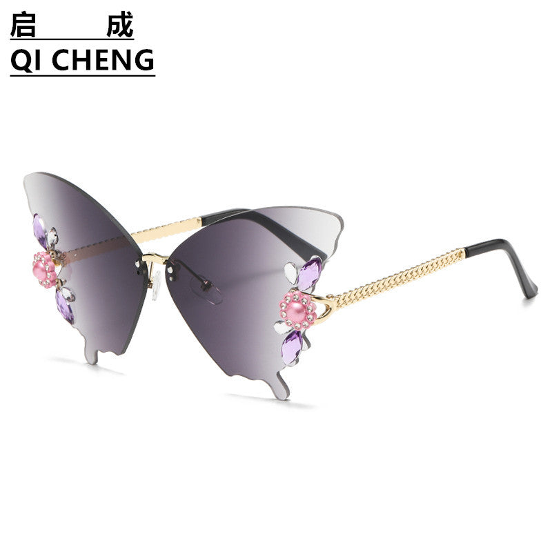 New Frameless Trimmed Butterfly Shaped Sunglasses Diamond-studded Bright Colourful Hipster Party Fashion Sunglasses