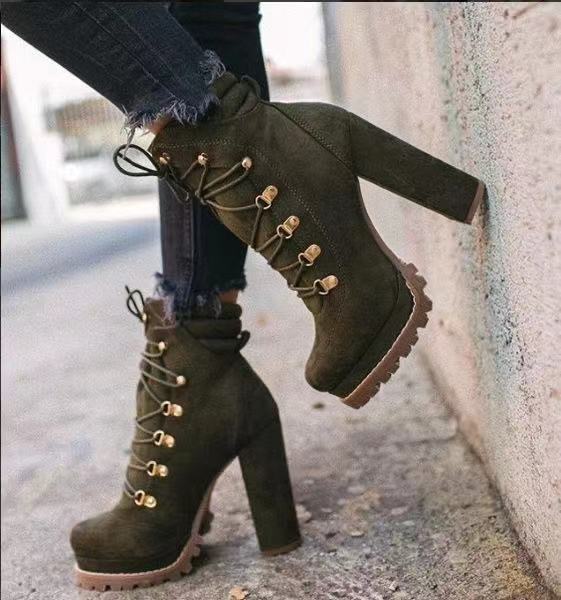 Cross-border Foreign Trade Large Size 2022 Autumn And Winter Waterproof Platform High-heeled Lace-up Rivet Short Boots European And American Suede Martin Boots