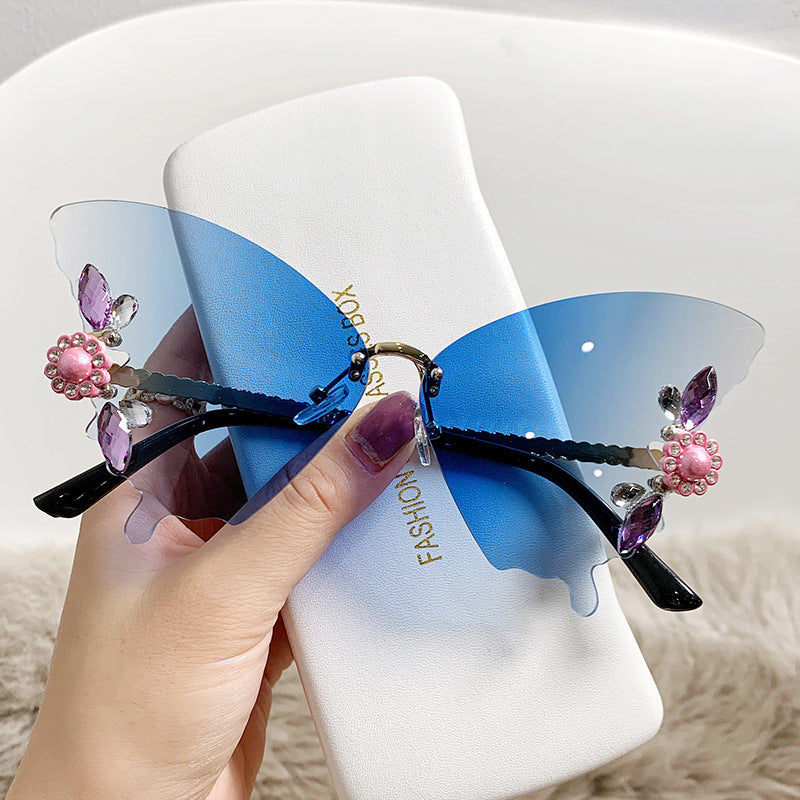 New Frameless Trimmed Butterfly Shaped Sunglasses Diamond-studded Bright Colourful Hipster Party Fashion Sunglasses