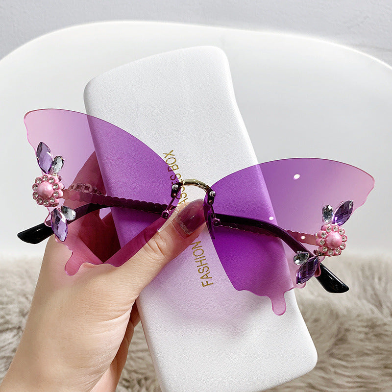 New Frameless Trimmed Butterfly Shaped Sunglasses Diamond-studded Bright Colourful Hipster Party Fashion Sunglasses