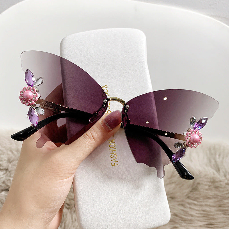 New Frameless Trimmed Butterfly Shaped Sunglasses Diamond-studded Bright Colourful Hipster Party Fashion Sunglasses