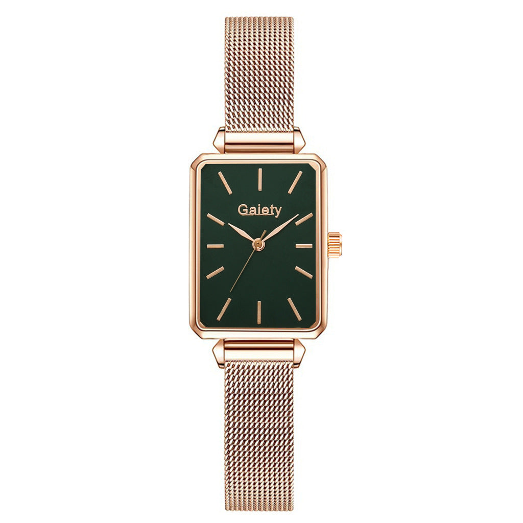 Lazy Retractable Magnet Buckle Peacock Green Elegant Ladies Mesh Belt Small Square Watch Korean Version Simple Bracelet Combination Set