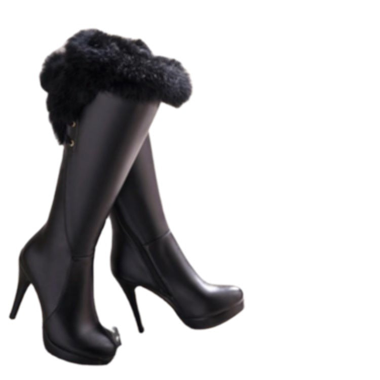 New 2020 Winter Fluffy High Boots Black White Plus Velvet Women&#039;s Boots Thin Heel Sexy