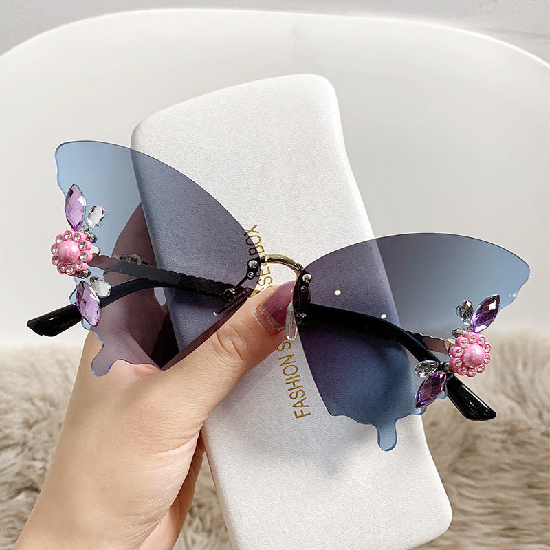 New Frameless Trimmed Butterfly Shaped Sunglasses Diamond-studded Bright Colourful Hipster Party Fashion Sunglasses