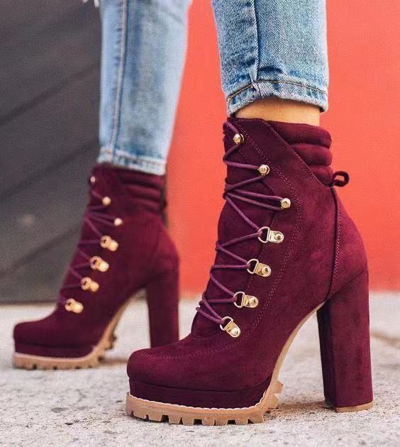 Cross-border Foreign Trade Large Size 2022 Autumn And Winter Waterproof Platform High-heeled Lace-up Rivet Short Boots European And American Suede Martin Boots