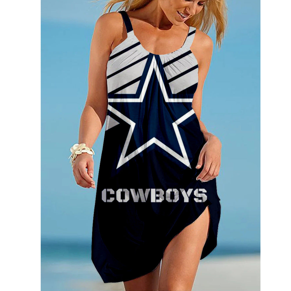 2021 European And American Cross-border Urban Women&#039;s Casual Sexy 3D Digital Printing NFL Mid-waist Suspender Dress