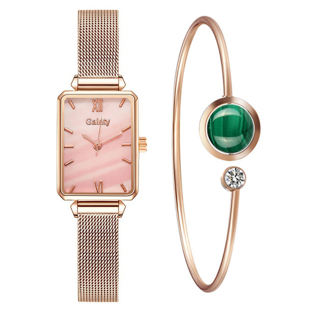 Lazy Retractable Magnet Buckle Peacock Green Elegant Ladies Mesh Belt Small Square Watch Korean Version Simple Bracelet Combination Set