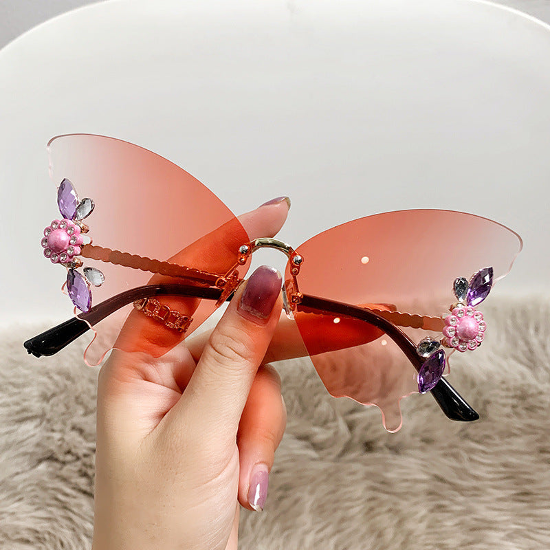 New Frameless Trimmed Butterfly Shaped Sunglasses Diamond-studded Bright Colourful Hipster Party Fashion Sunglasses