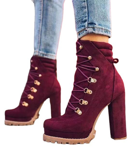 Cross-border Foreign Trade Large Size 2022 Autumn And Winter Waterproof Platform High-heeled Lace-up Rivet Short Boots European And American Suede Martin Boots