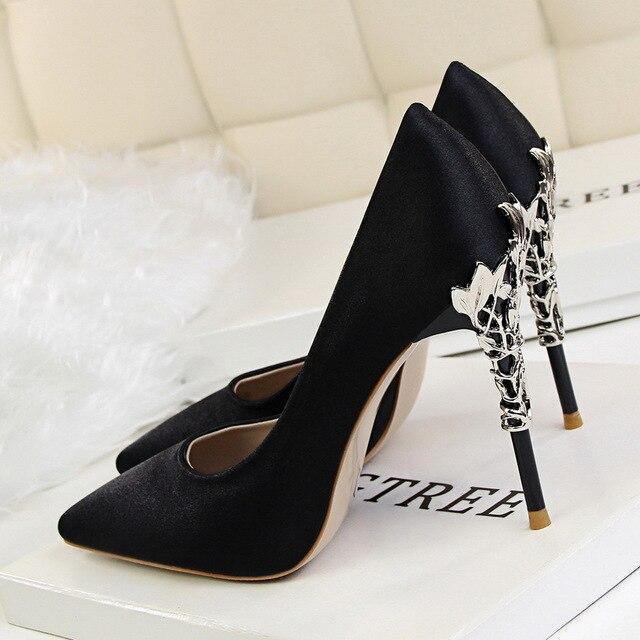 Metal Heel Flower High Shoes Silk Elegant Pumps