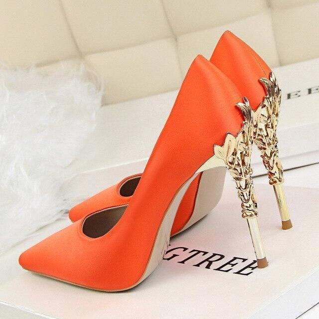 Metal Heel Flower High Shoes Silk Elegant Pumps