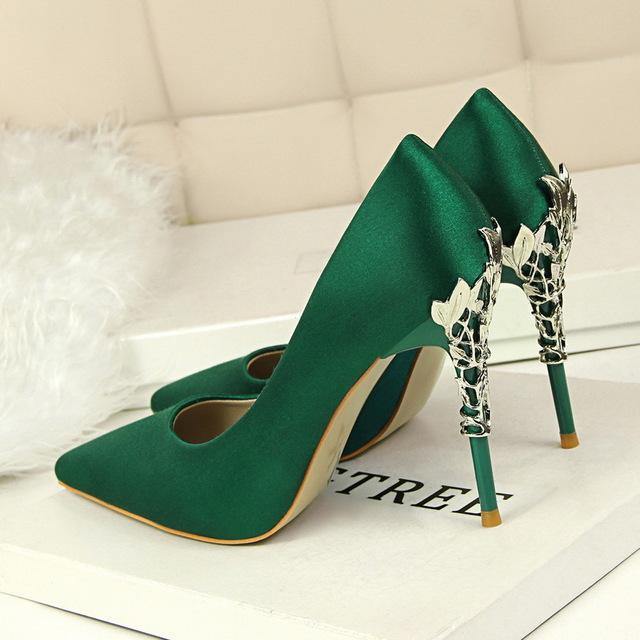 Metal Heel Flower High Shoes Silk Elegant Pumps