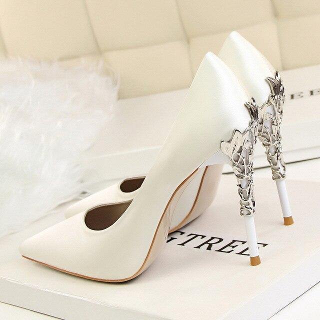 Metal Heel Flower High Shoes Silk Elegant Pumps