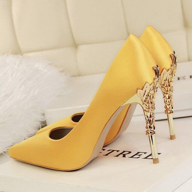 Metal Heel Flower High Shoes Silk Elegant Pumps