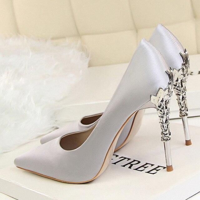 Metal Heel Flower High Shoes Silk Elegant Pumps