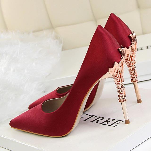 Metal Heel Flower High Shoes Silk Elegant Pumps