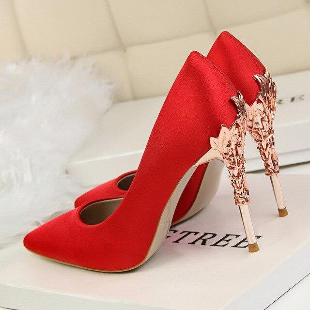 Metal Heel Flower High Shoes Silk Elegant Pumps