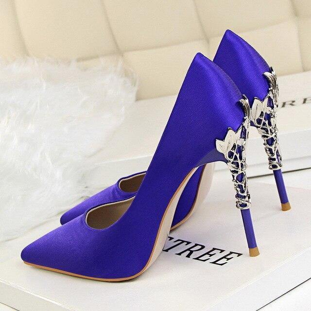 Metal Heel Flower High Shoes Silk Elegant Pumps