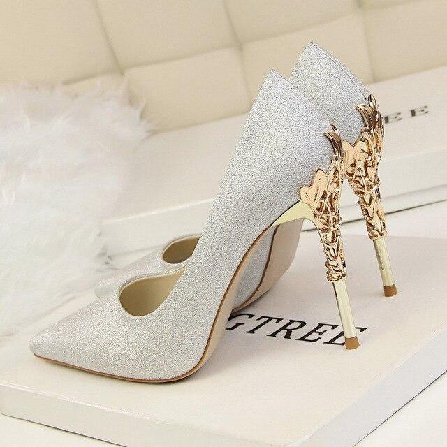 Metal Heel Flower High Shoes Silk Elegant Pumps