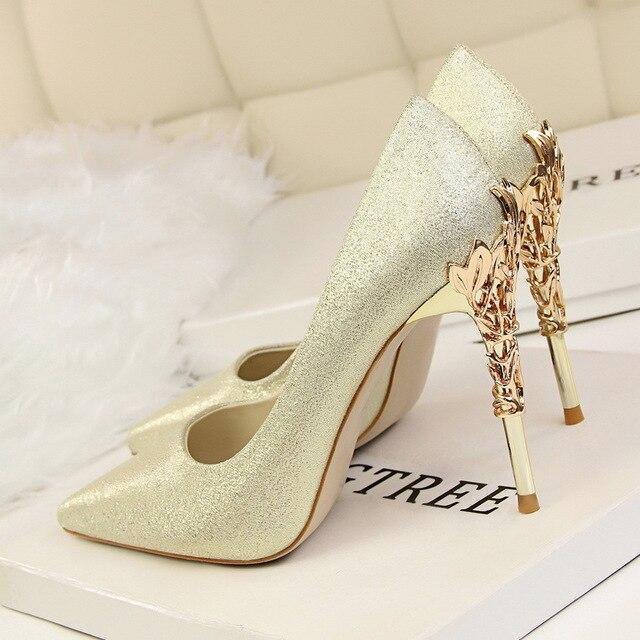 Metal Heel Flower High Shoes Silk Elegant Pumps